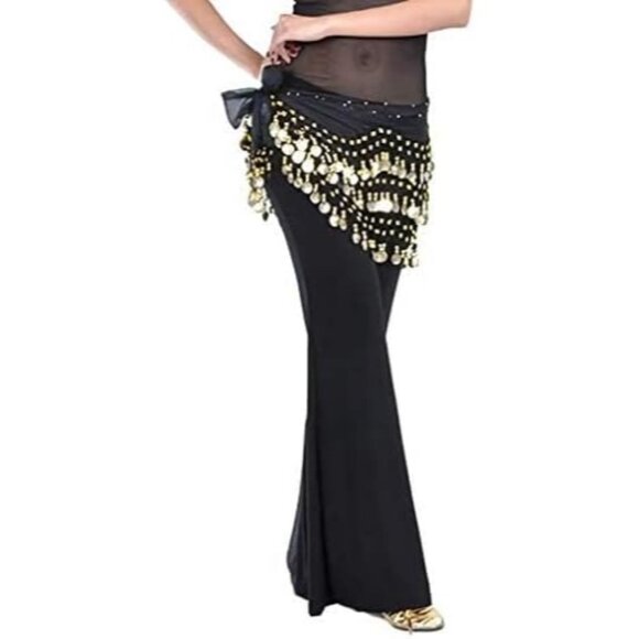 Women's Belly Dance Hip Scarf with 128 Gold Coins Black Skirt for Zumba or Yoga - Picture 4 of 7